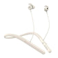 Neck-worn Bluetooth hearing aid headphones with light skin-colored ear buds and neckband