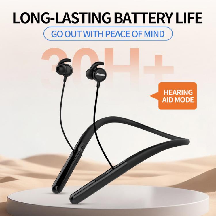 Black neck-worn Bluetooth hearing aid headphones with two earbuds and curved neckband