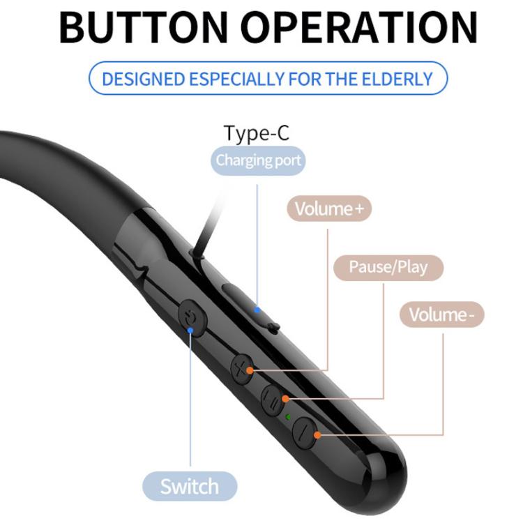 Neck-worn Bluetooth hearing aid headset with Type-C charging port and volume buttons