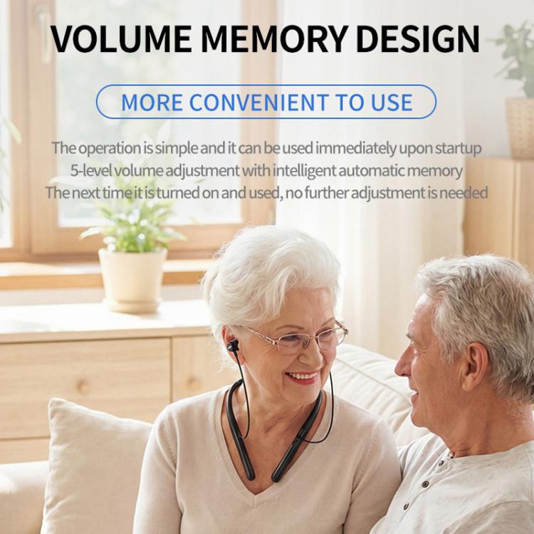 Black neck-worn hearing aid headphones worn around the neck with in-ear earbuds