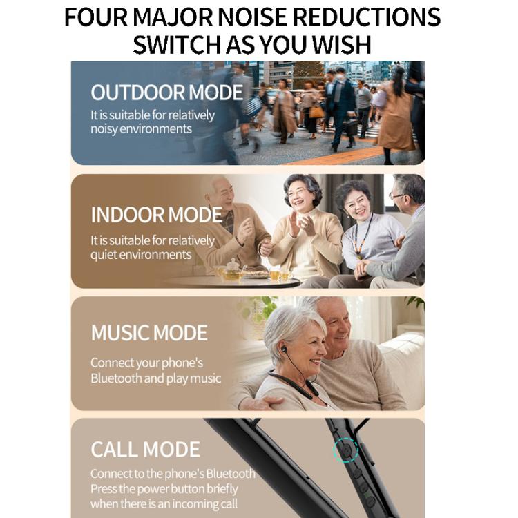 Neck-worn Bluetooth hearing aid headset worn around an elderly person’s neck