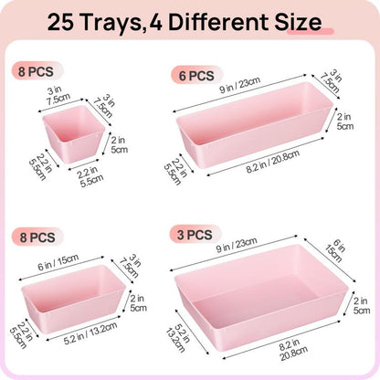 Pink drawer organizer tray set, 25-pc combo with 4 sizes shown in diagram