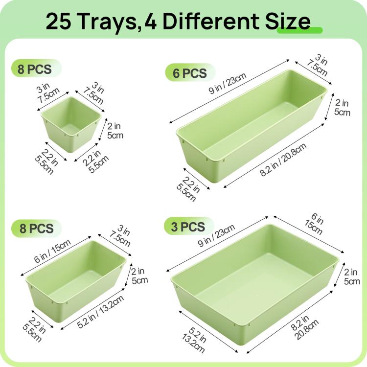 Light green drawer organizer tray set, 25-pc combo with 4 sizes shown in diagram