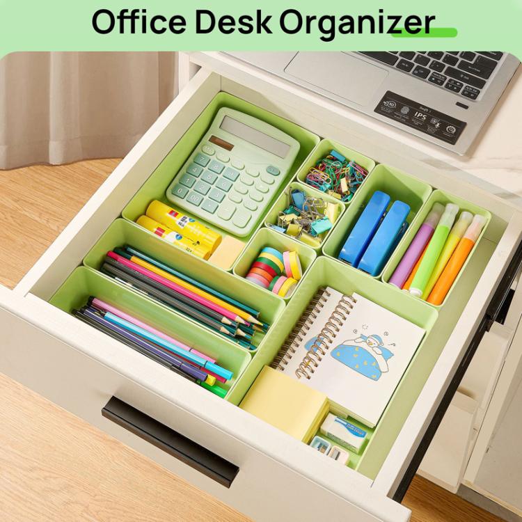 Green desk organizer drawer insert with compartments for office supplies and stationery