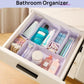 Lavender bathroom organizer drawer insert with compartments for bottles and toiletries