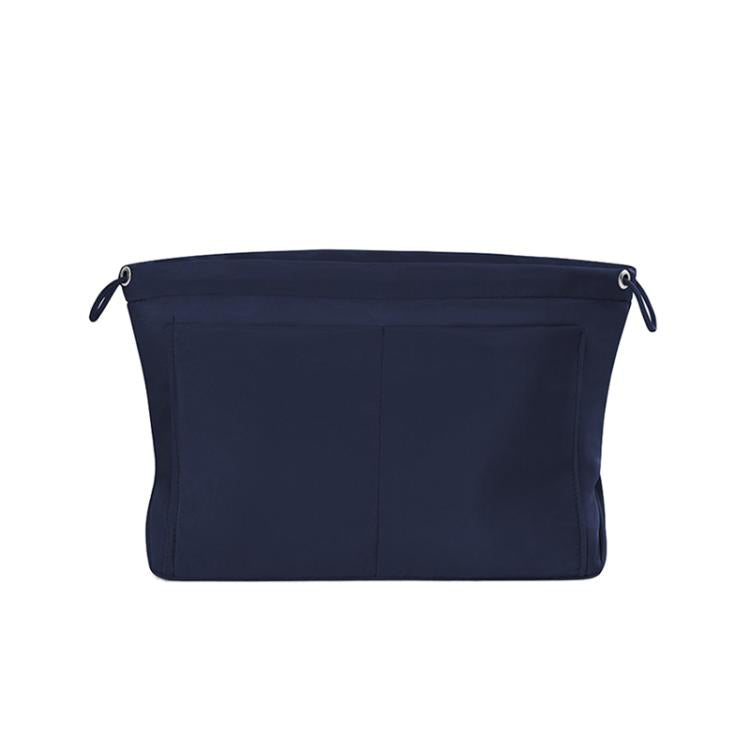 Dark blue fabric mini organizer pouch insert with top drawstring and interior divider seams
