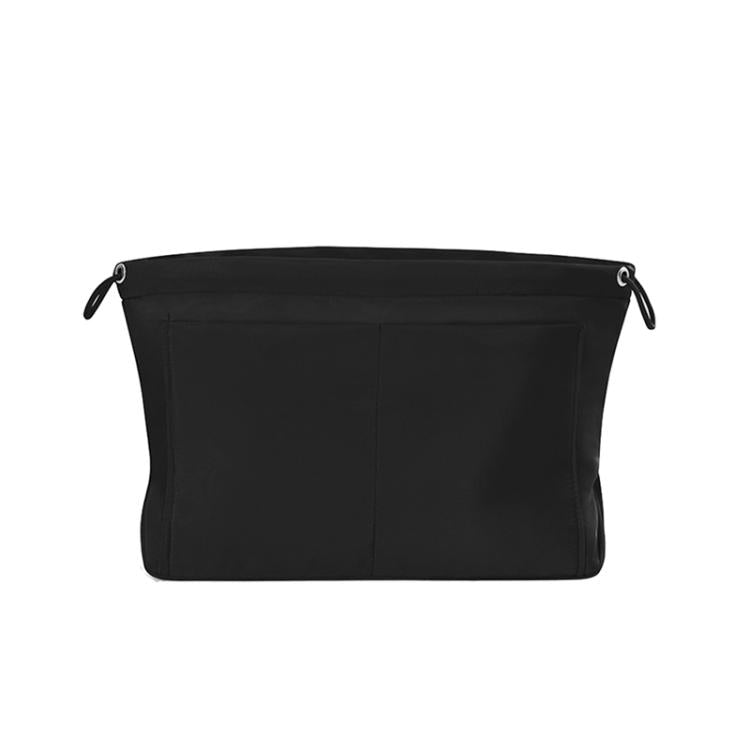Black fabric mini organizer pouch insert with top drawstring and interior divider seams