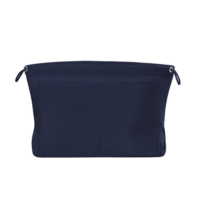 Dark navy fabric mini organizer pouch insert with top drawstring and interior divider seams