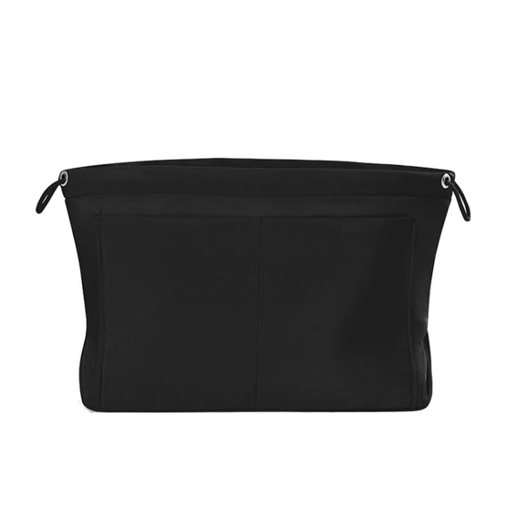 Black fabric mini organizer pouch insert with top drawstring and interior divider seams