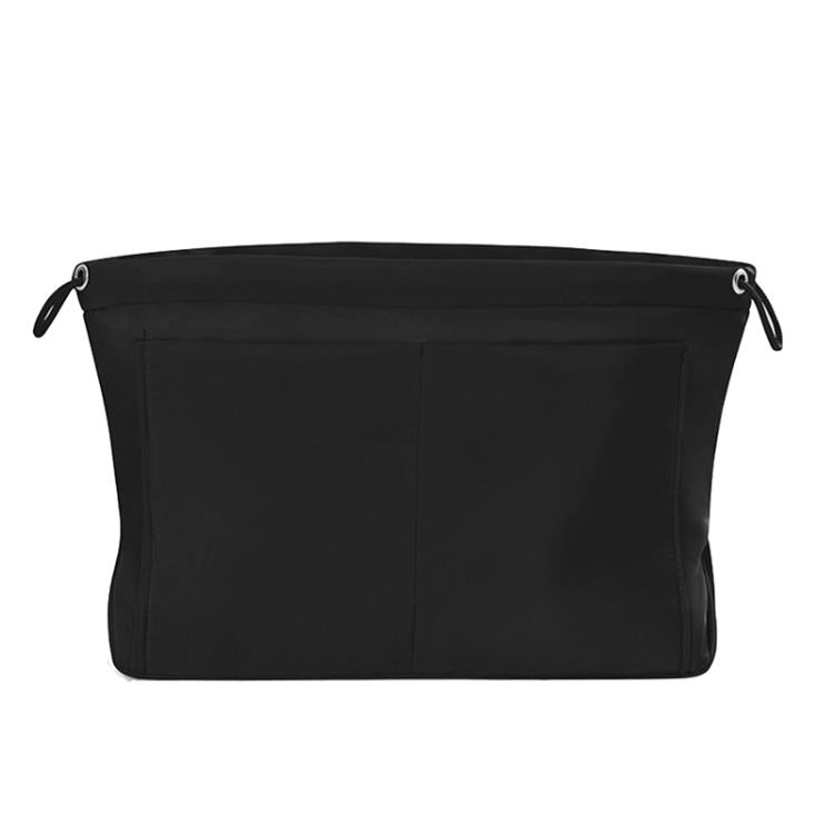 Black fabric mini organizer pouch insert with top drawstring and interior divider seams