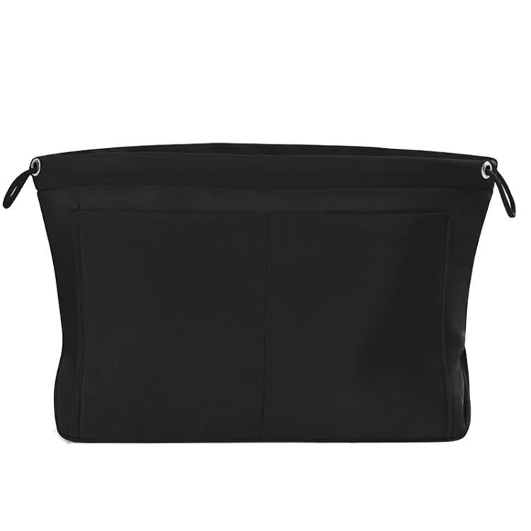 Mini bag organizer insert pouch in black fabric, top drawstring and side loops