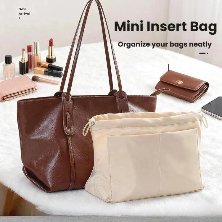 Mini bag organizer insert pouch in apricot-beige fabric, open top with drawstring ties