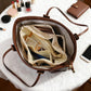 Mini bag organizer insert pouch in apricot-beige, open interior with inner compartments