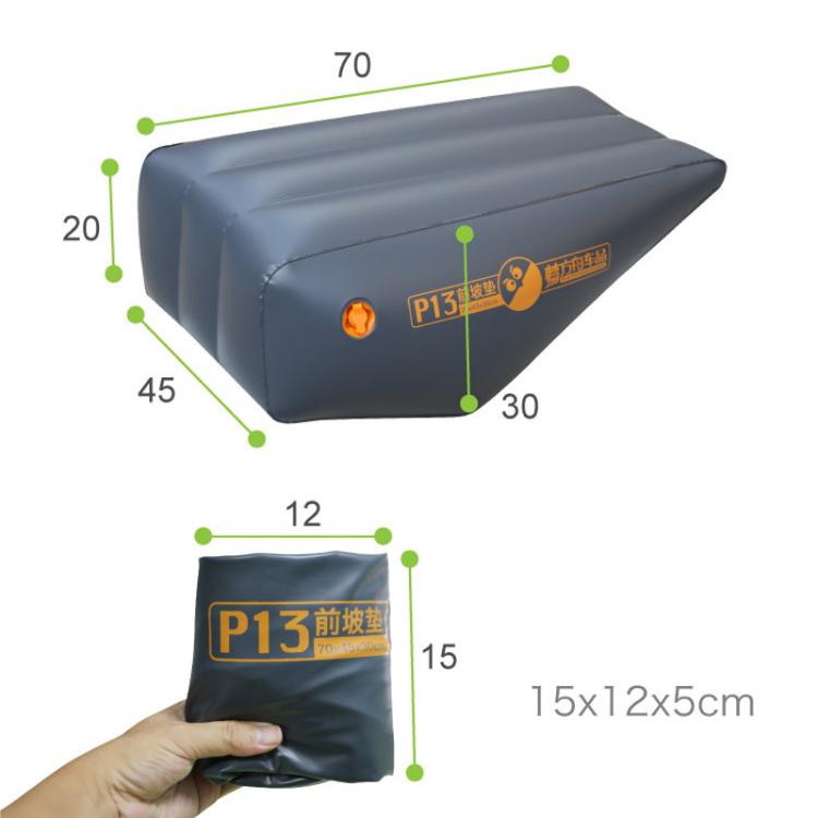 P13 blue inflatable car front seat air mattress with size dimensions and logo label