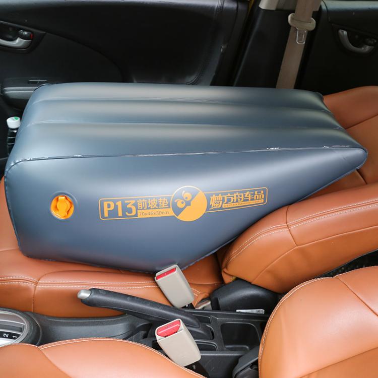 P13 blue inflatable car front seat air mattress installed on leather car seat
