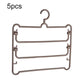 5-pack brown multi-layer pants hangers with three horizontal bars and clips
