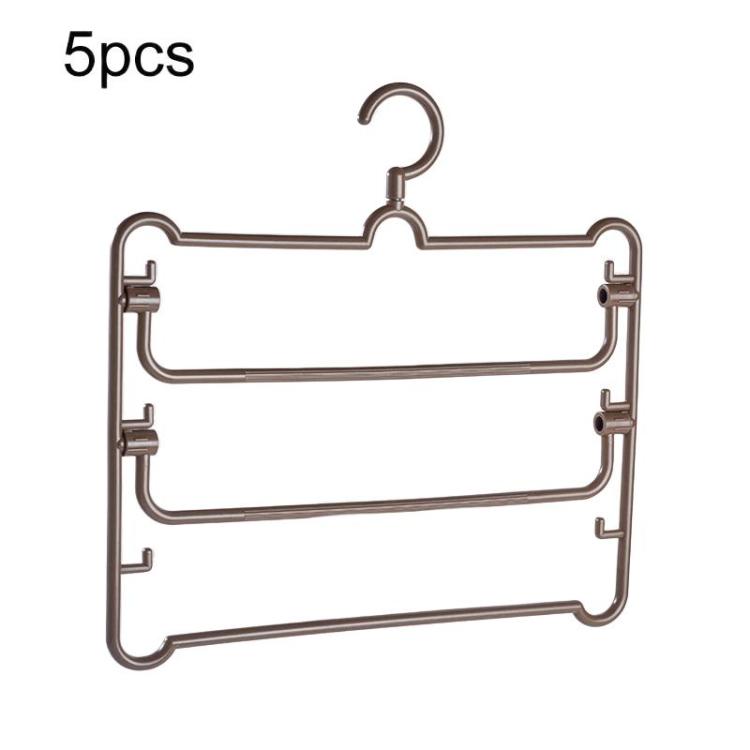5-pack brown multi-layer pants hangers with three horizontal bars and clips