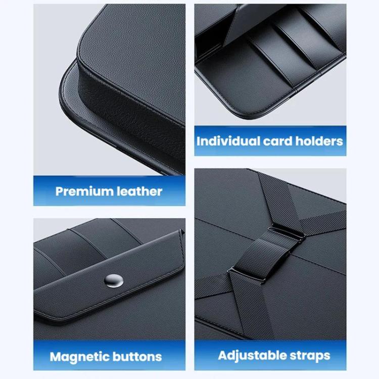 Dark leather-look car glasses storage case with card slots and adjustable straps