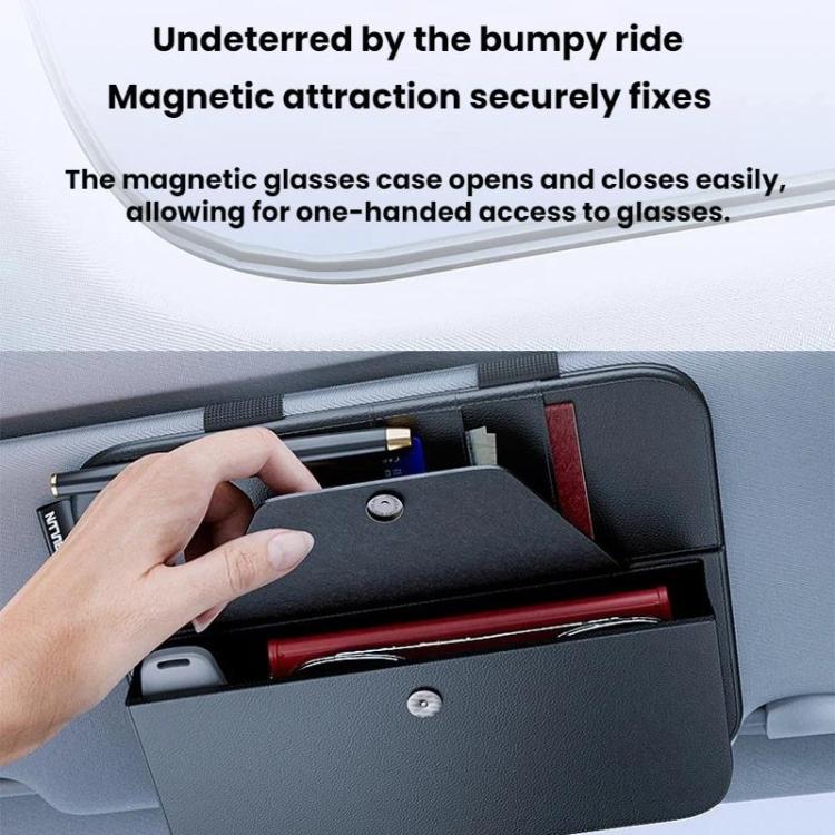 Car visor glasses organizer opened to reveal cards and glasses in dark case
