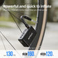 Portable electric air pump connected to a bicycle tire, black body with nozzle and hose