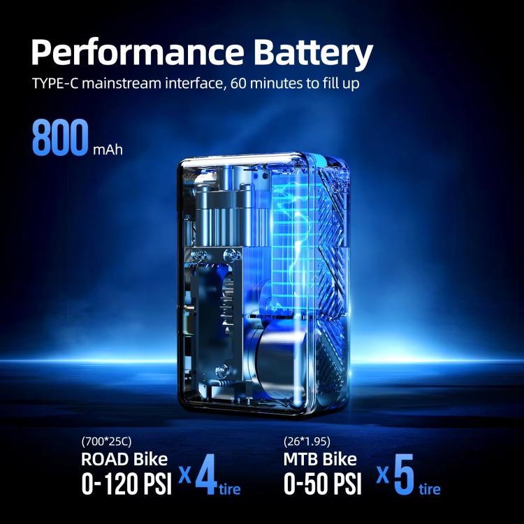 Transparent internal battery pack for portable electric air pump, blue backlit display
