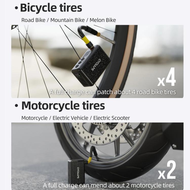 Electric air pump connected to a bicycle tire valve, black pump with yellow gauge tip