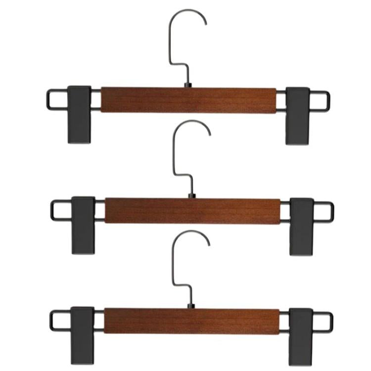 Set of 3 dark non-slip wooden pants hangers with adjustable clamp and U hook