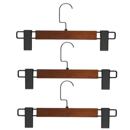 Set of 3 dark non-slip wooden pants hangers with adjustable clamp and U hook