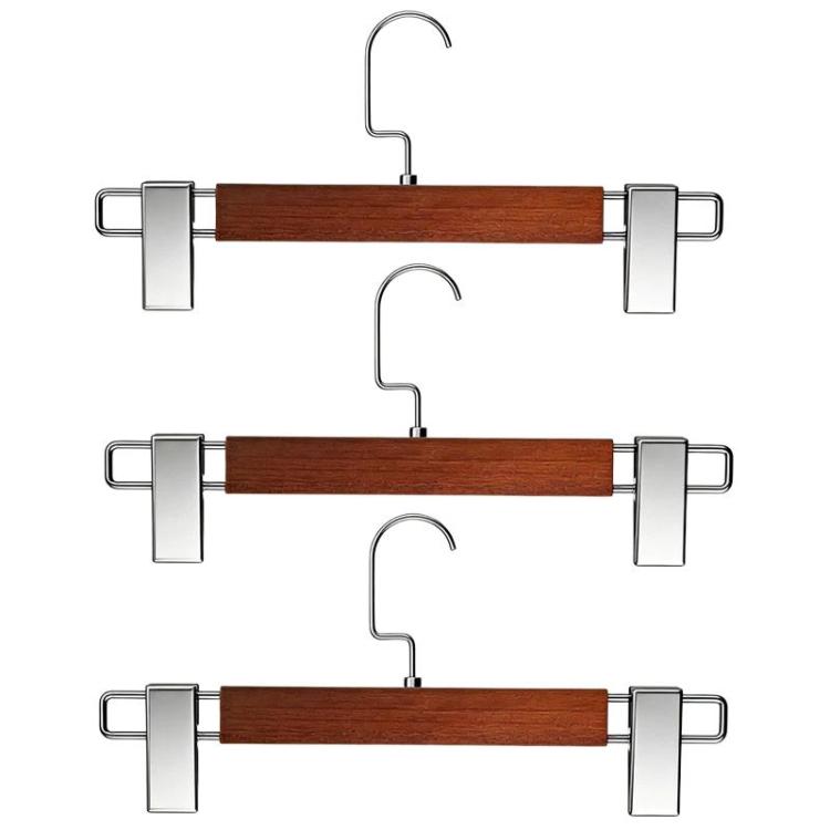 Set of 3 wooden pants hangers with silver metal clamps and U hook, non-slip