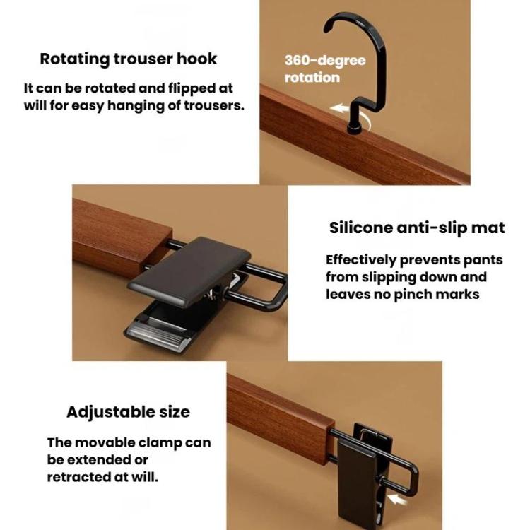 Adjustable wooden pants hanger with black clamp and silicone anti-slip pad