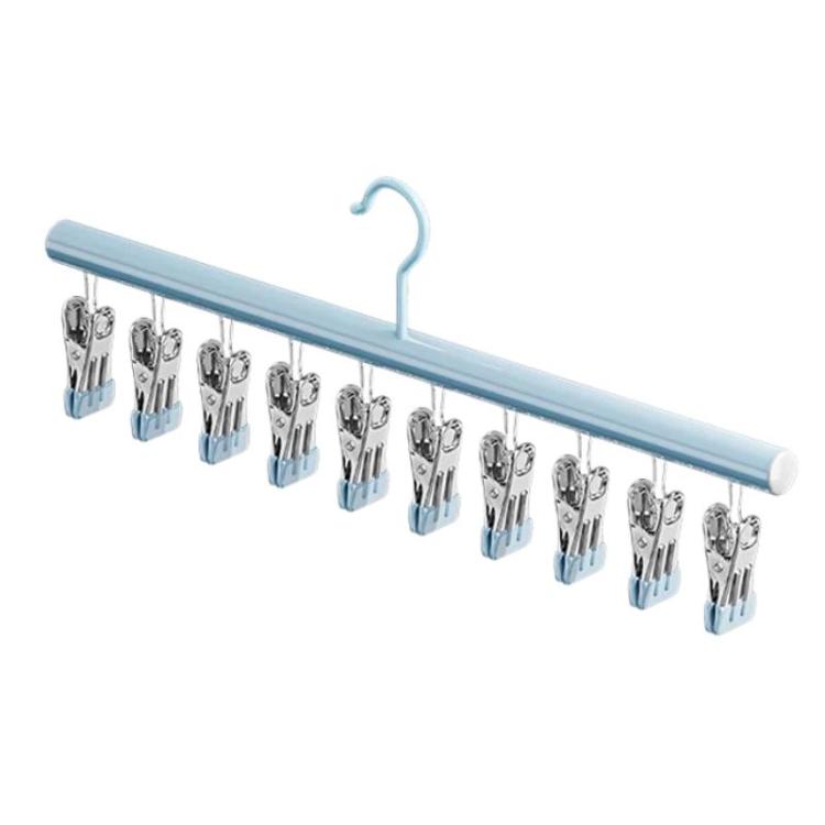 Blue sock drying rack with multiple stainless clips and hanging hook