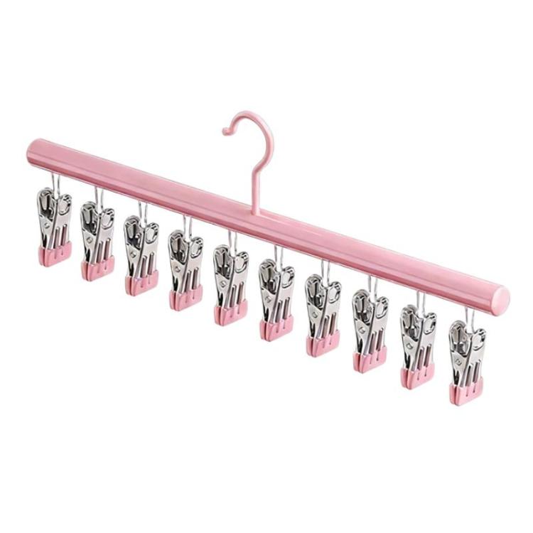 Pink sock drying rack with multiple stainless clips and hanging hook
