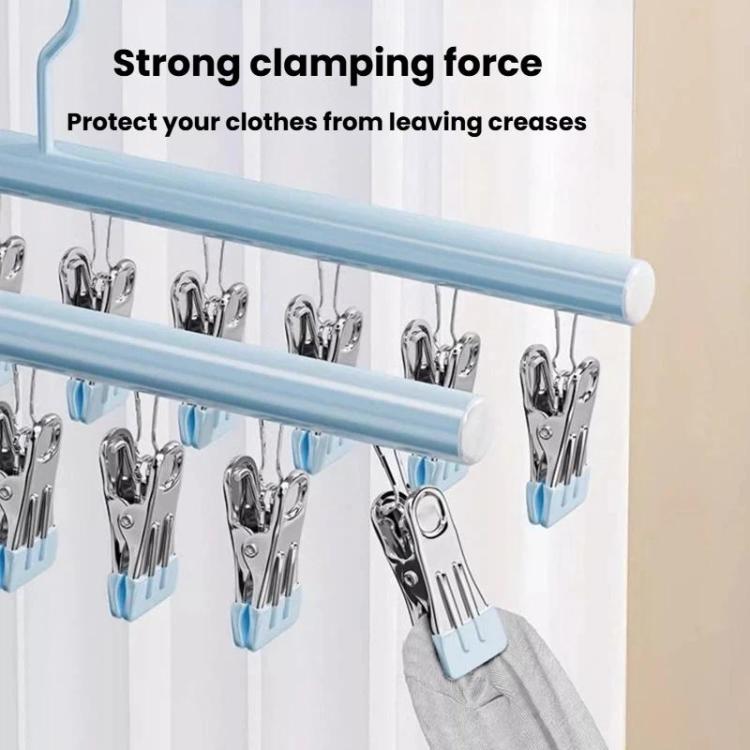 Blue two-bar sock drying rack with stainless clips and hanging hook