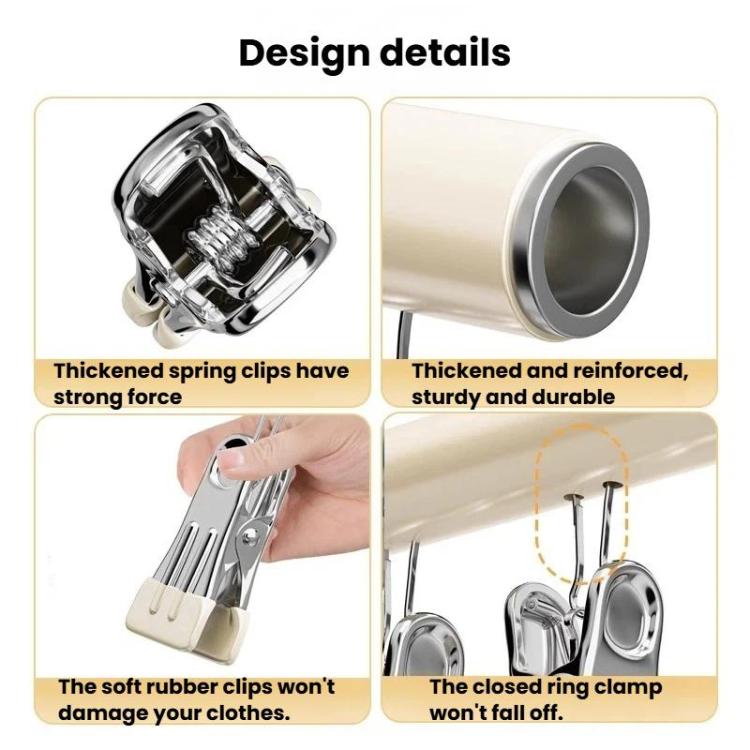 Stainless clamp clips with rubber grips and reinforced end on drying rack bar