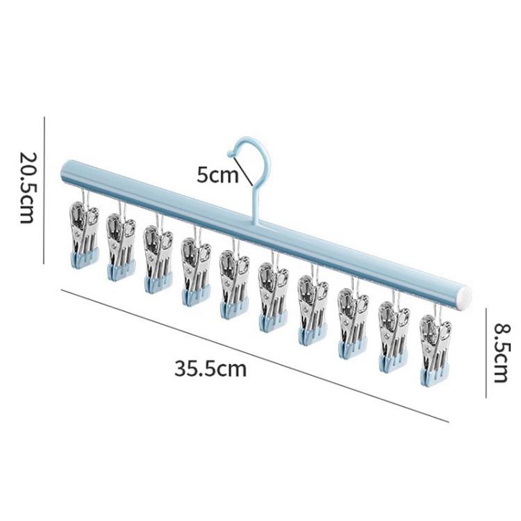 Blue sock drying rack with stainless clips and size dimensions diagram