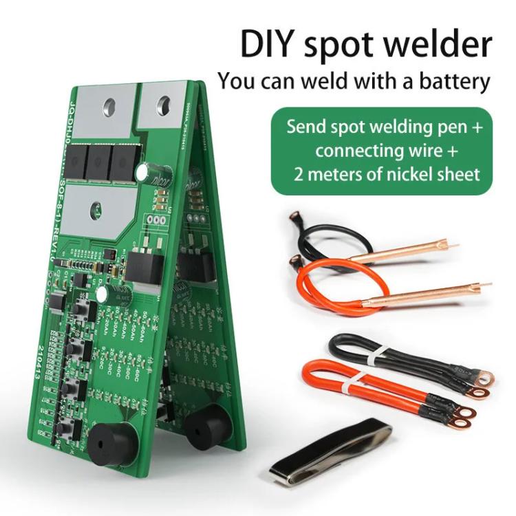 Green DIY spot welder control board with welding pen leads and nickel sheet connector wire