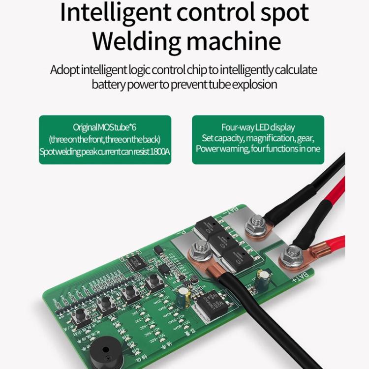 Green intelligent spot welding circuit board with two insulated cable leads and metal terminals