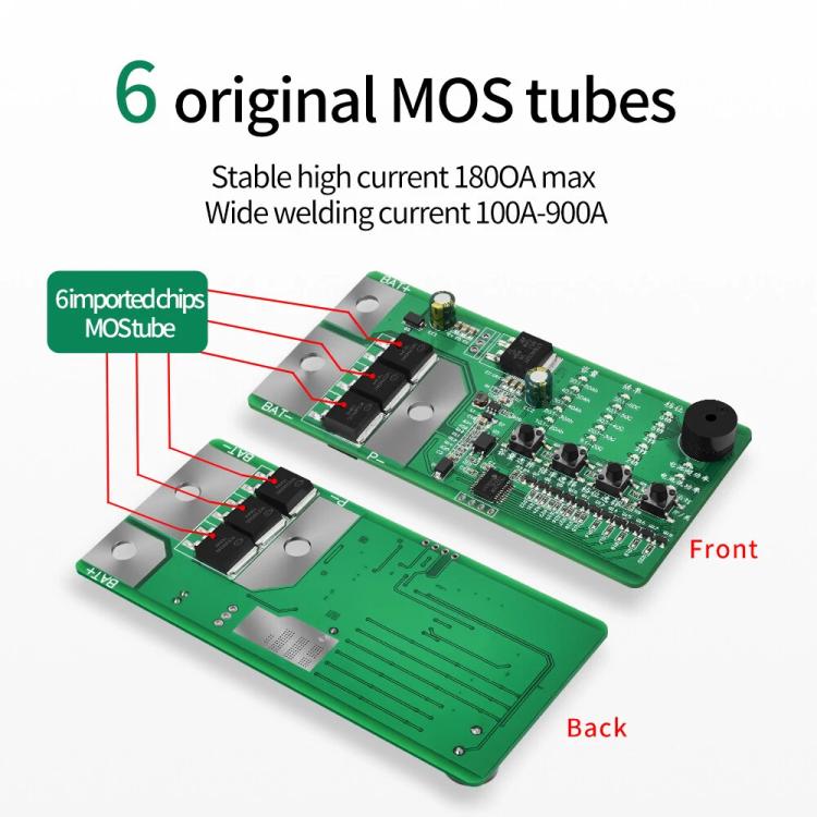Green spot welder PCB with multiple MOS power tubes, front and back sides visible
