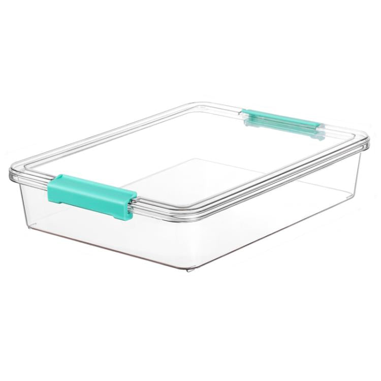 Clear rectangular plastic storage box with teal latch lid