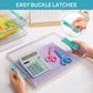 Clear stackable storage boxes with teal latch lids containing office supplies