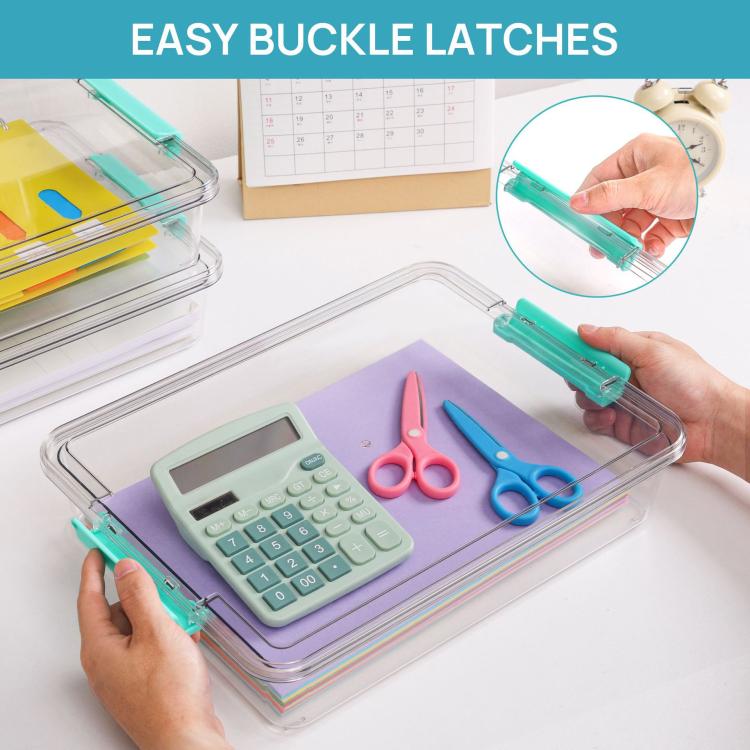 Clear stackable storage boxes with teal latch lids containing office supplies