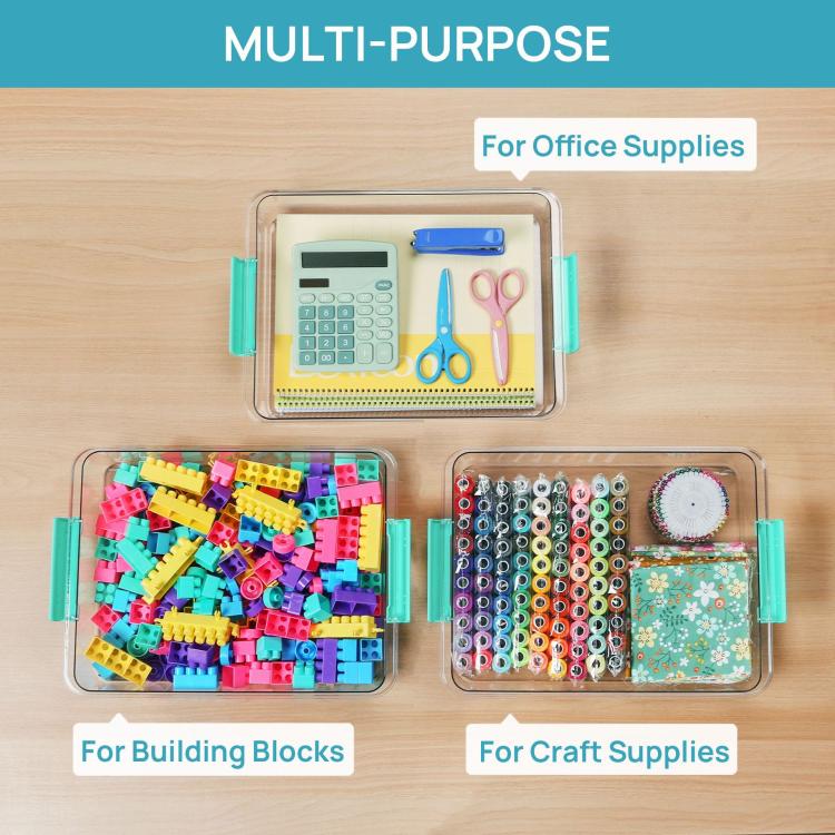Set of clear stackable storage boxes with teal latch lids for supplies