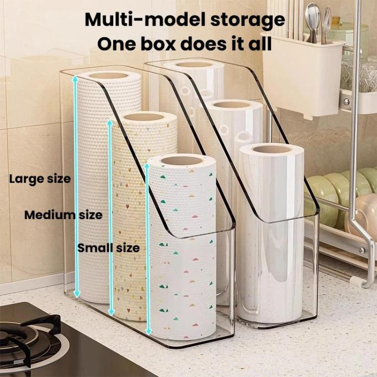 Large-capacity kitchen wrap rack holding multiple plastic wrap and paper rolls