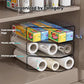 Kitchen plastic wrap organizer rack with compartments for wrap and paper rolls