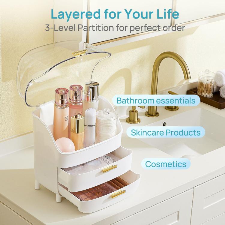 Three-Tier Cosmetic Storage Box Desktop Drawer Organizer, No Lid, With Lid