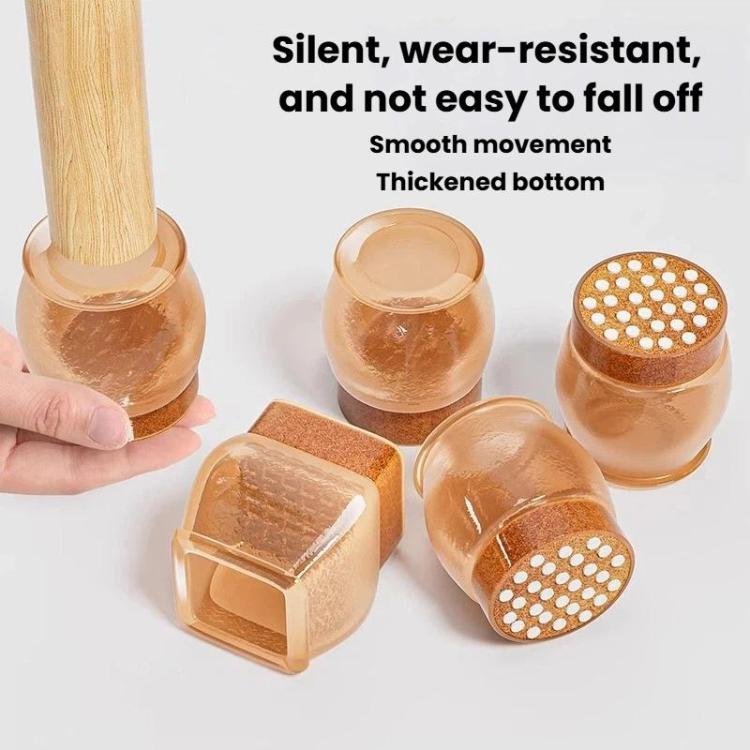 Round chair leg pads with perforated anti-slip underside, hand-held clear and beige