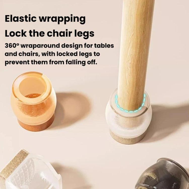 Chair leg foot cover with elastic wrap around a wood leg, clear base and beige felt