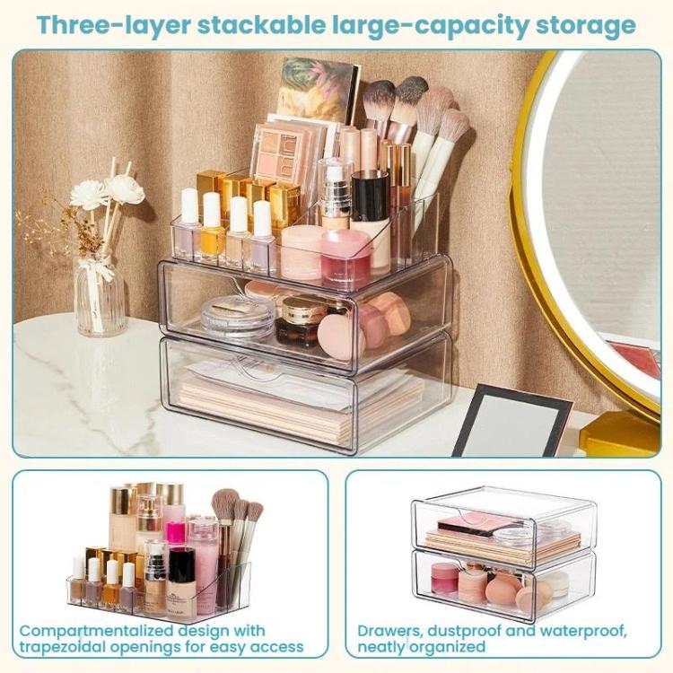 Stackable clear makeup storage box with top rack and three drawer layers for cosmetics
