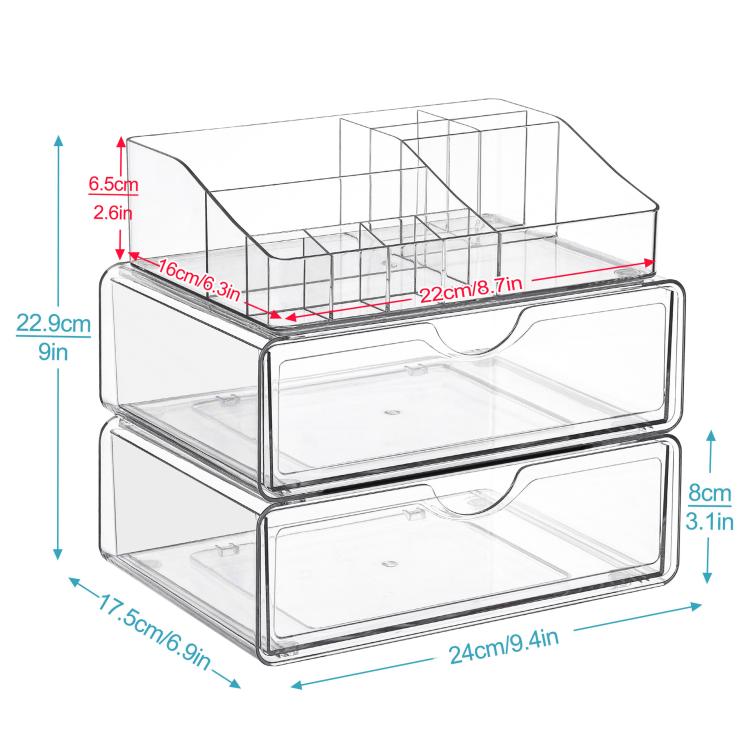 Clear acrylic makeup organizer with open top compartment and two stacked drawer sections