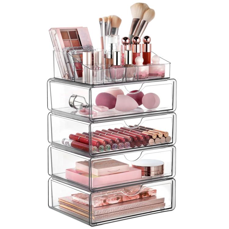 Clear acrylic desktop makeup organizer with top brush rack and three stacked drawers